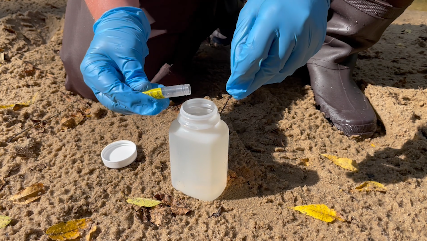 A pair of hands wearing blue latex gloves placing water samples in a plastic bottle