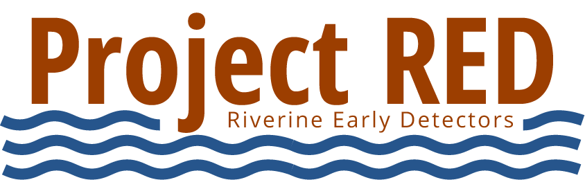 Project Red Riverine Early Detectors is written in red. There are three wavy blue lines beneath the text