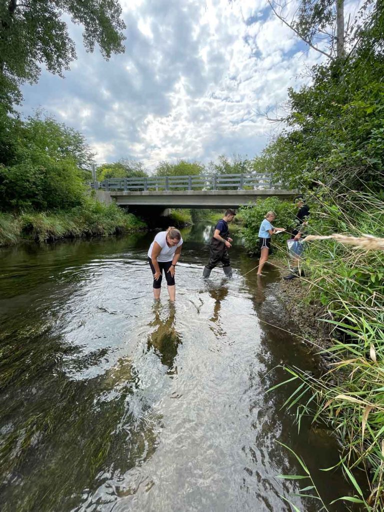 A group of people stand in a stream in front of a bridge crossing.