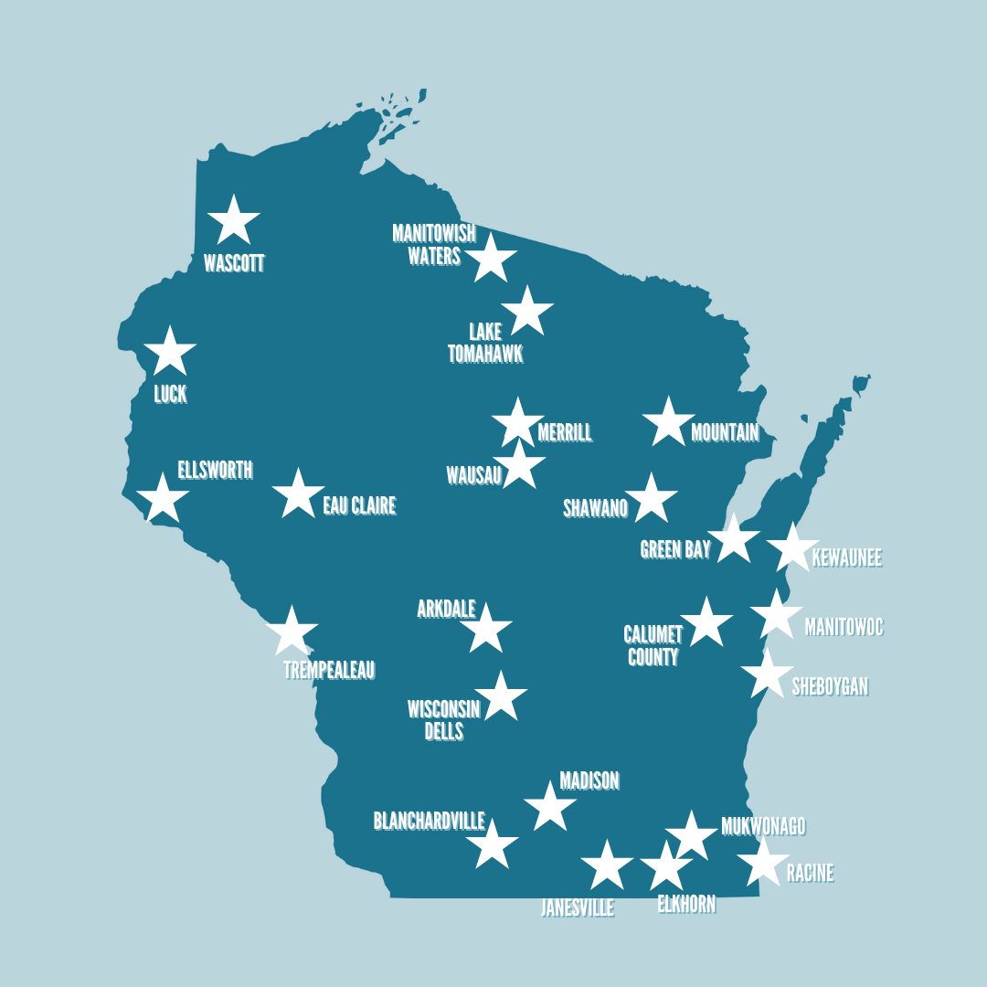 A map of Wisconsin with stars marking major cities