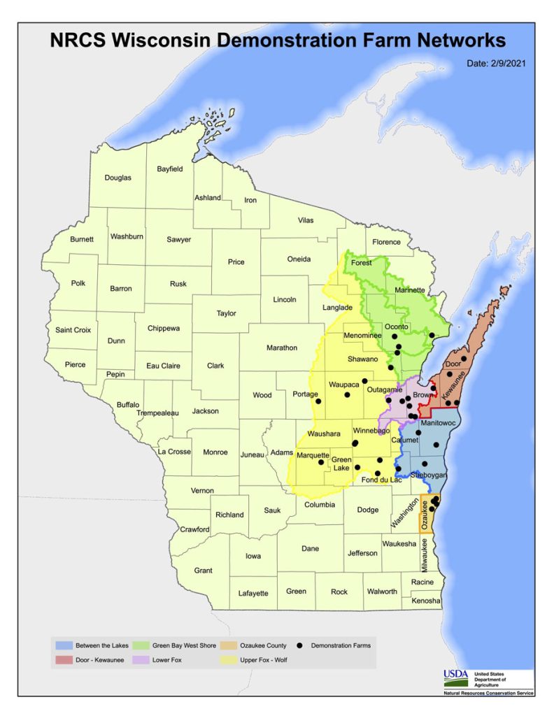 A map of Wisconsin showing the NRCS Wisconsin demonstration farms network
