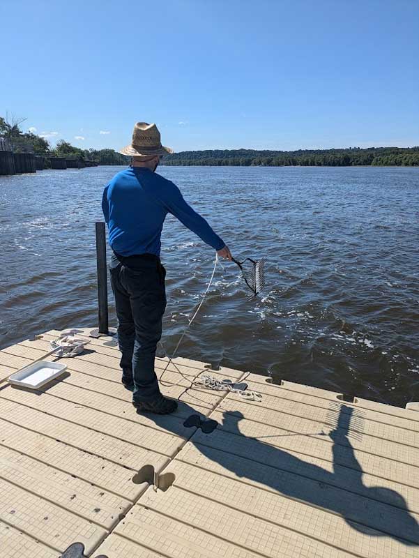 A man on a pier throwing a rake on a rope into a lake