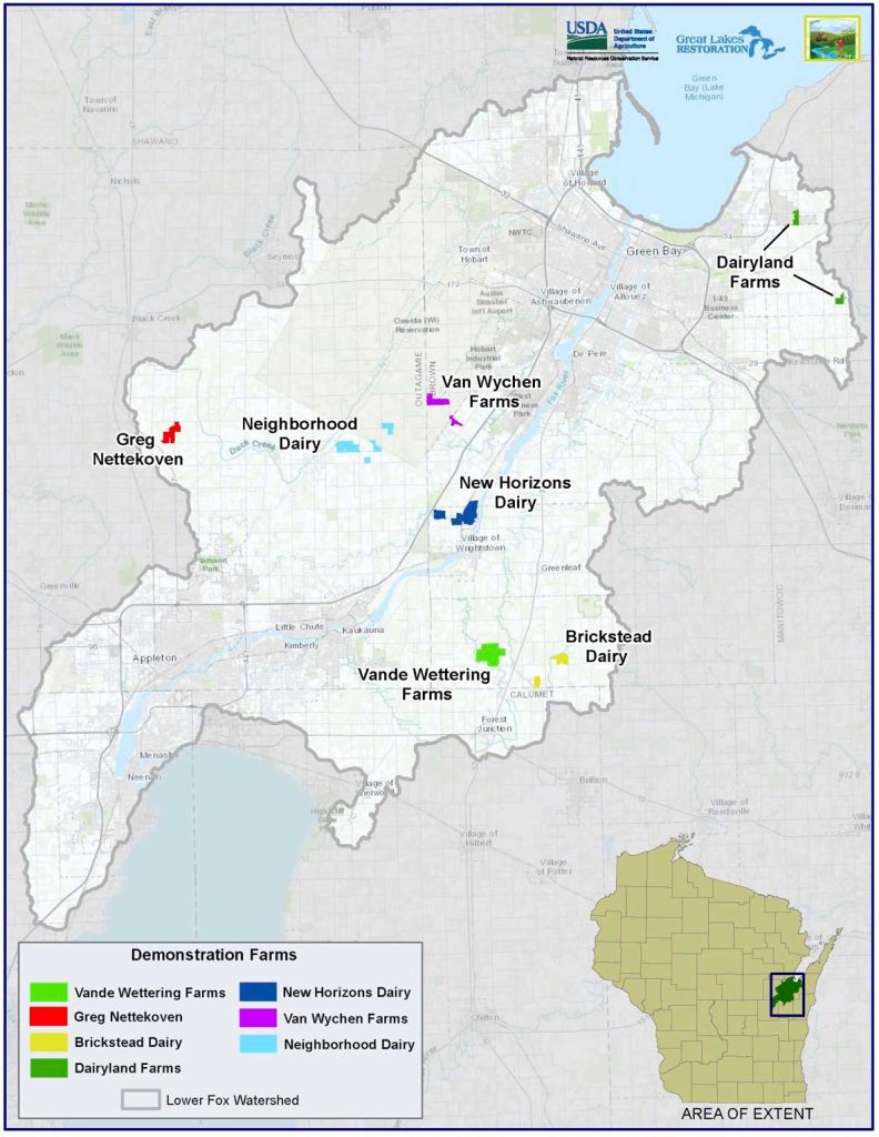 A map of the demonstration farms in the lower fox river region
