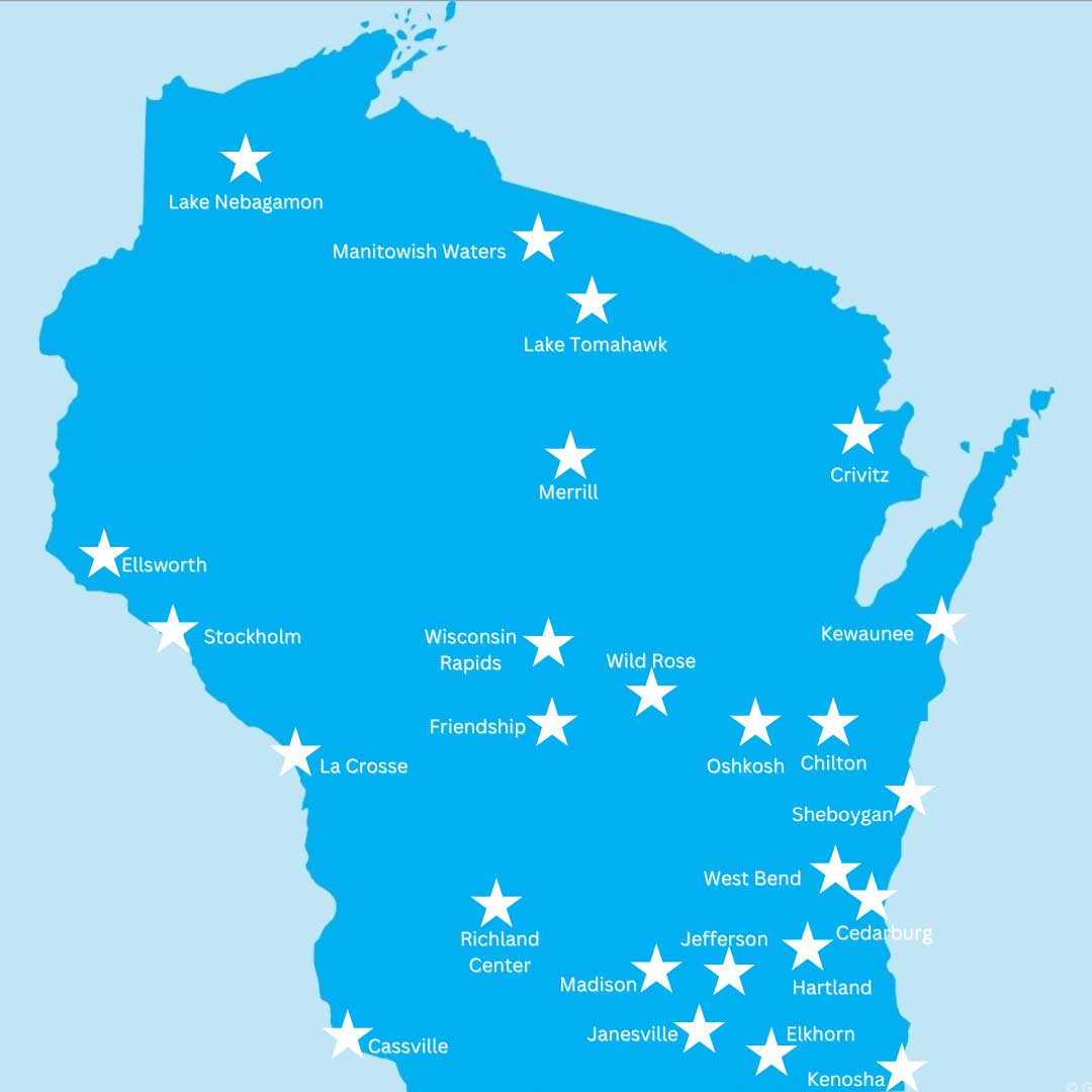 A map of Wisconsin showing the snapshot day data collection locations