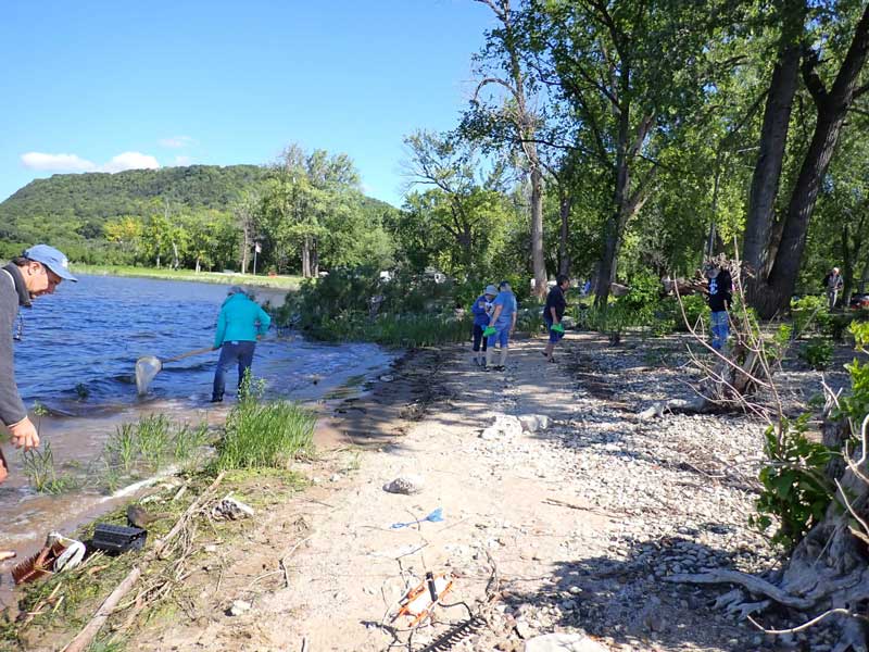 A group of volunteers working on a lake's shoreline
