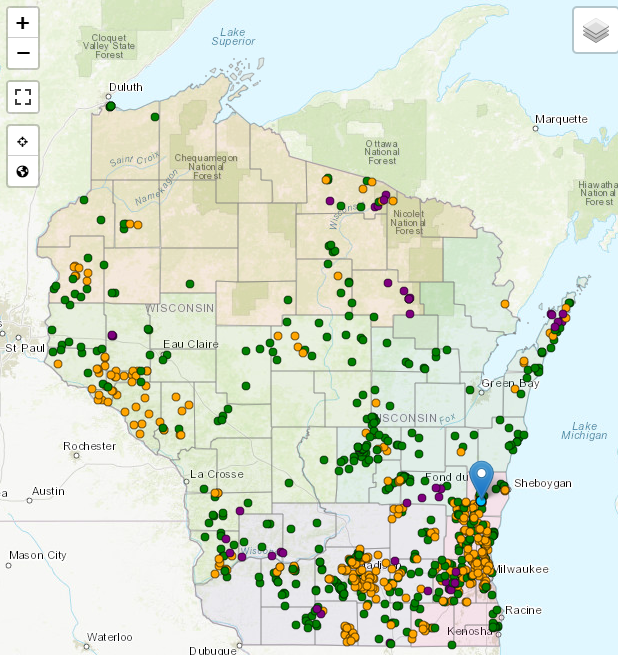 A map of Wisconsin with dots indicating volunteer stream monitoring sites.