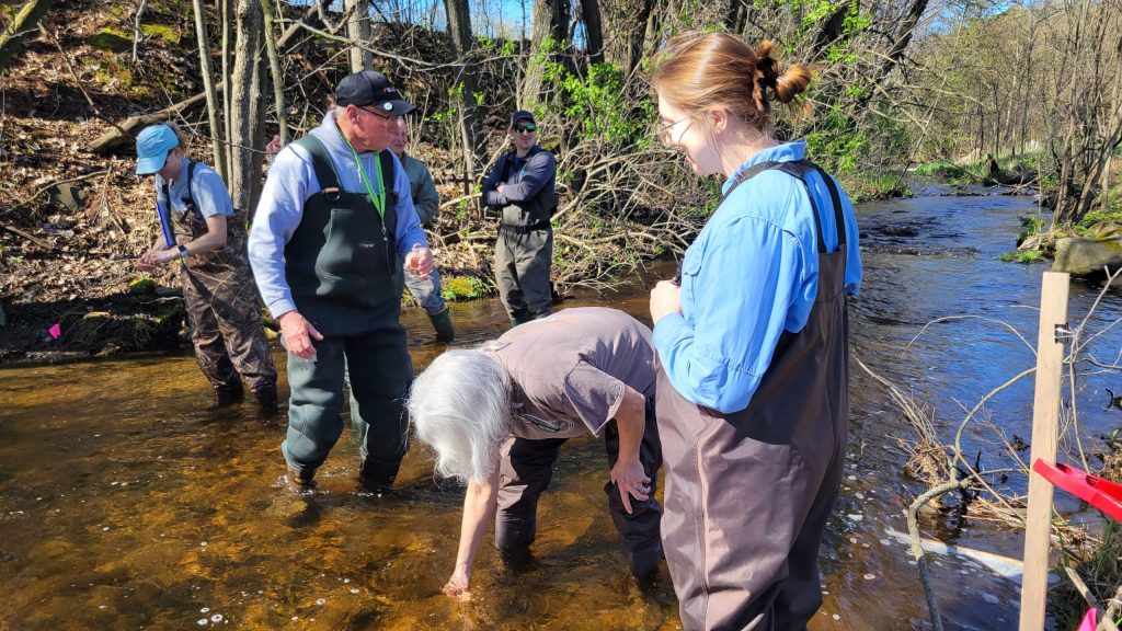 Maria stands in a shallow stream with a small group of volunteers. One volunteer bends over to measure the water's temperature.