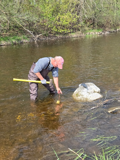 A volunteer uses a sledgehammer installs a thermistor in a stream.