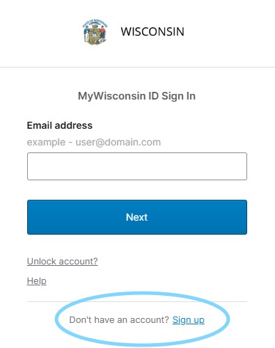 A screenshot of the MyWisconsin ID sign in page. At the bottom, there is a marked light blue circle indicating a small "Sign up" link.