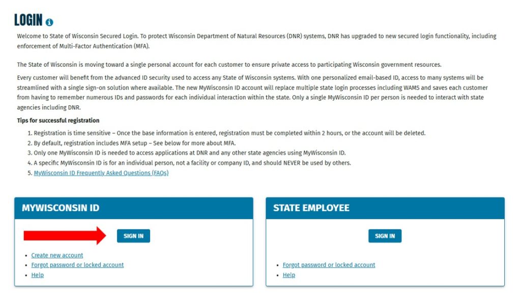 A screenshot of the login page on the DNR website. A red arrow is pointing to a "MyWisconsin ID" box. Inside the box is a blue "Sign In" button. 