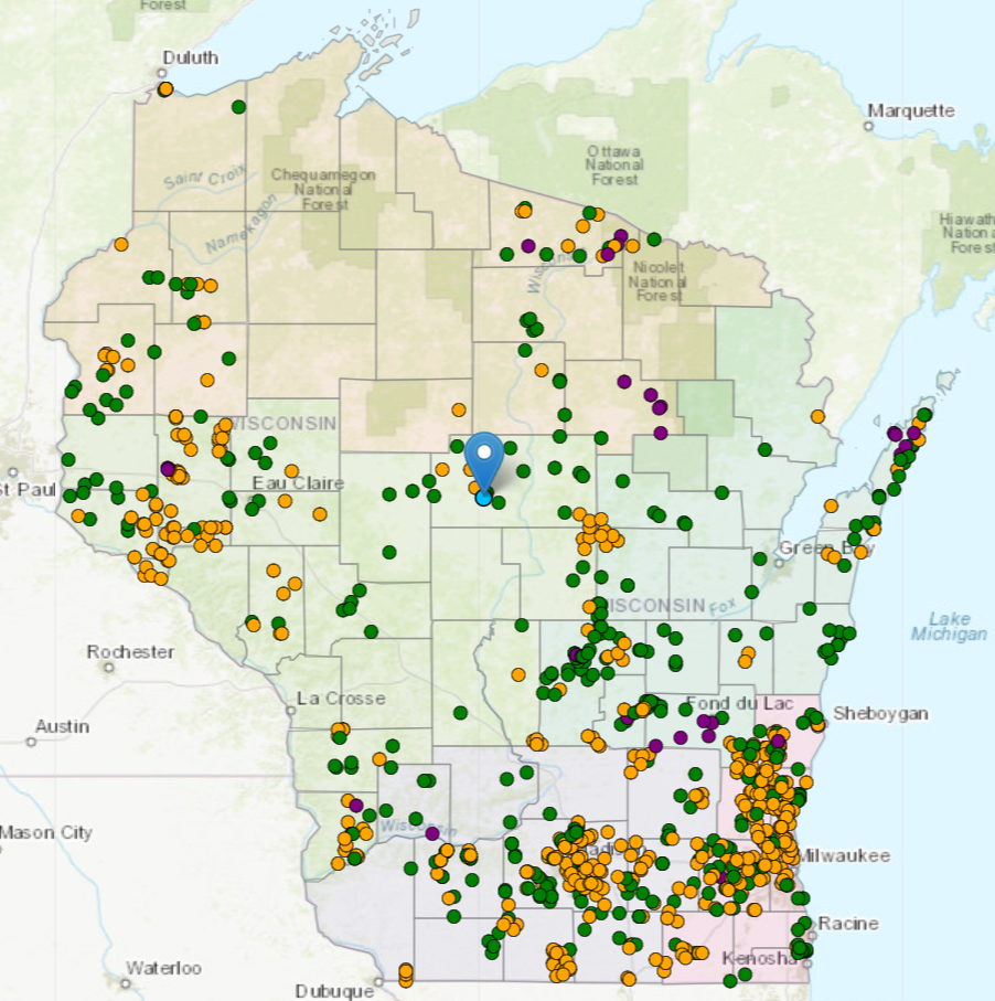A map of Wisconsin with dots indicating WAV stream monitoring sites.