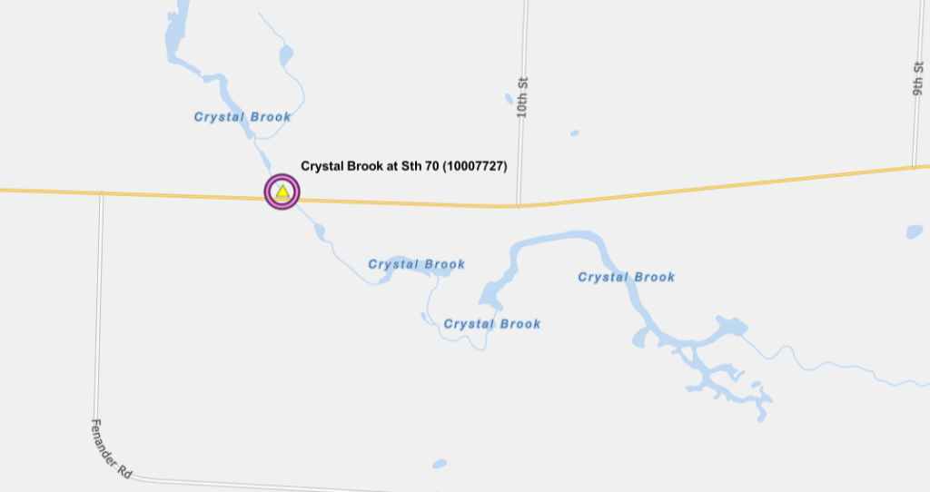 A map with triangle indicating a stream site, labeled Crystal Brook at Sth 70 (10007727).