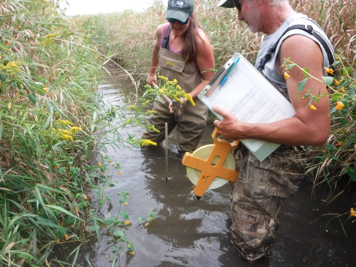 Two volunteers standing in a river looking at a thermistor