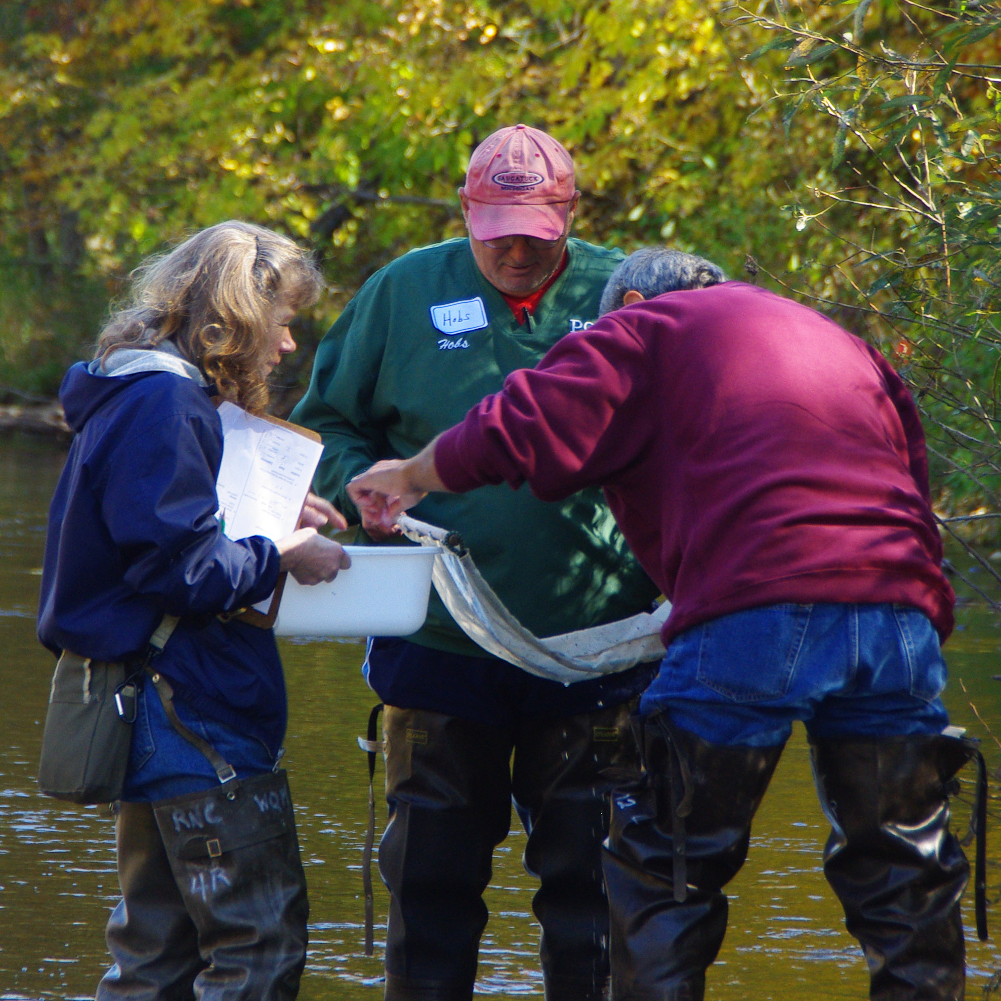 Three volunteers stand in a river bank looking at a net with macroinvertebrates. One volunteer is wearing a blue jacket, another a green sweater, and the third is wearing a maroon sweater. 