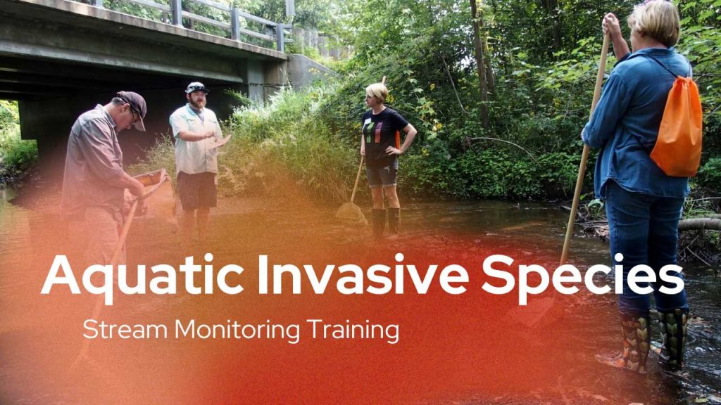 Aquatic Invasive Species Trainings in an orange circle. The background image is of a group of people in a stream 
