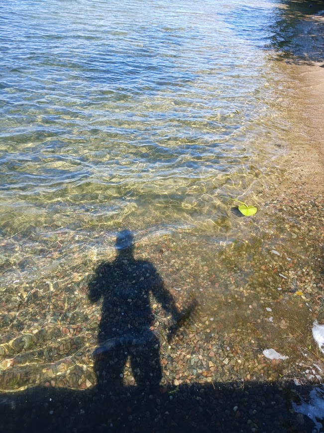 A shadow of a person projected onto clear lake water on a sunny day.