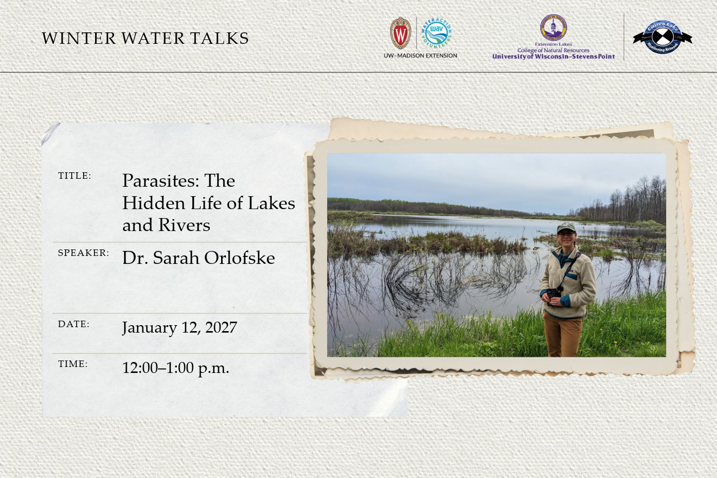 A beige background. To the right is a stack of photos - the top photo is of a woman smiling in front of a lake.
On the left side is the event details of the webinar.